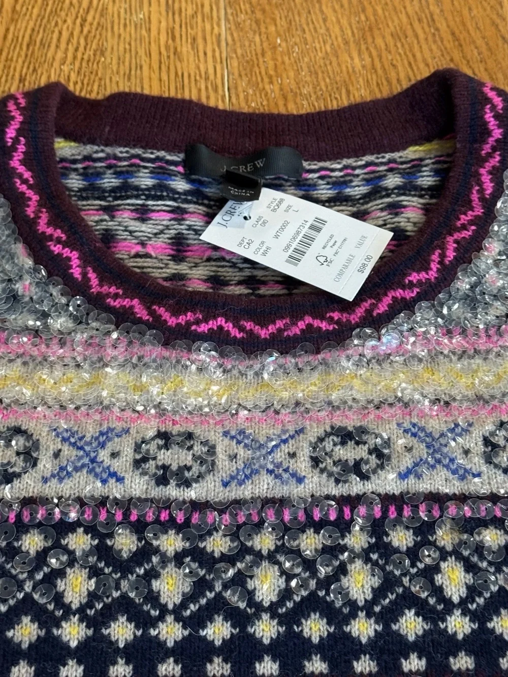 J. Crew Fair Isle Crewneck Sweater in Burgundy, Pink and Yellow